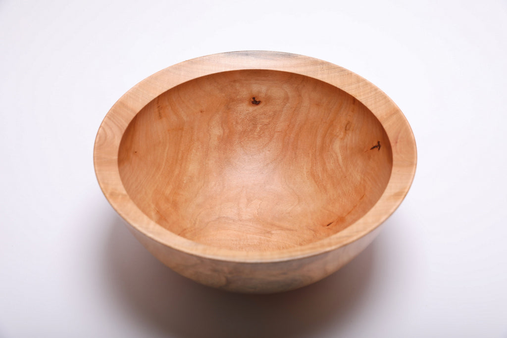 Spalted sugar maple wood bowl top view showing gray-green spalting pattern across the interior, hand-turned with food-safe oil finish
