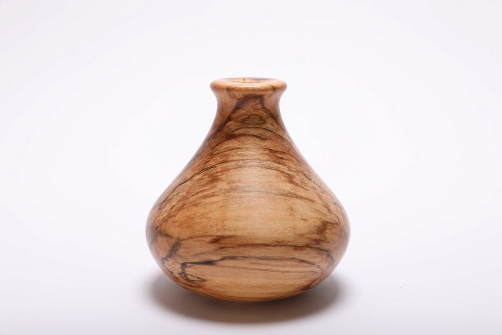 Side view of spalted hackberry weed pot rotated 180 degrees showing exterior spalting pattern and food-safe oil finish