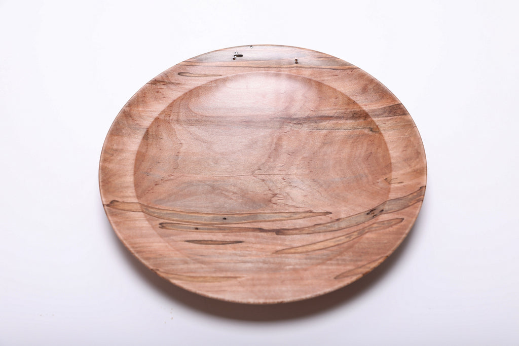 Overhead view of hand-turned ambrosia maple dish rotated 180 degrees showing full ambrosia figure and natural color variation