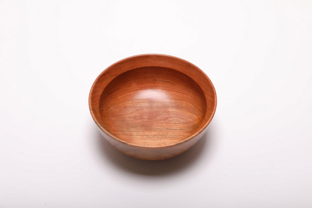 Small wild black cherry wooden bowl top view, natural spalting and growth ring detail

