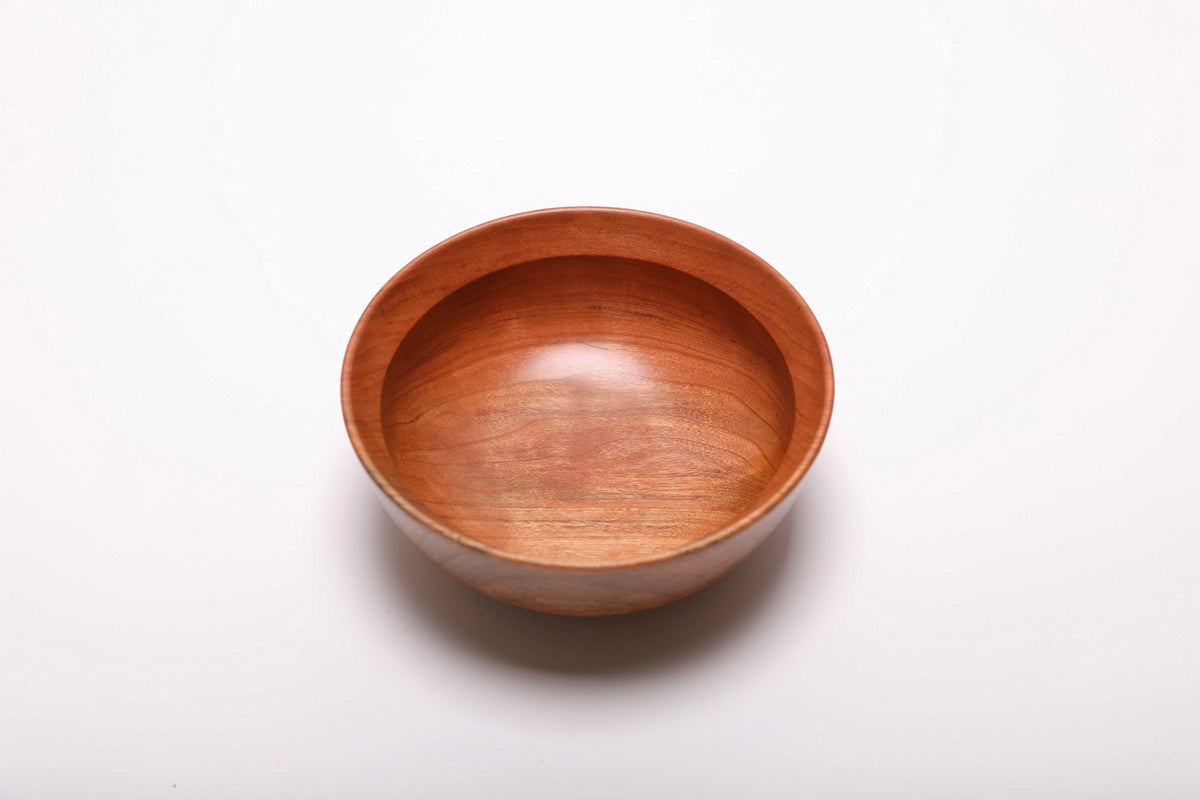 Small wild black cherry wooden bowl top view, natural spalting and growth ring detail
