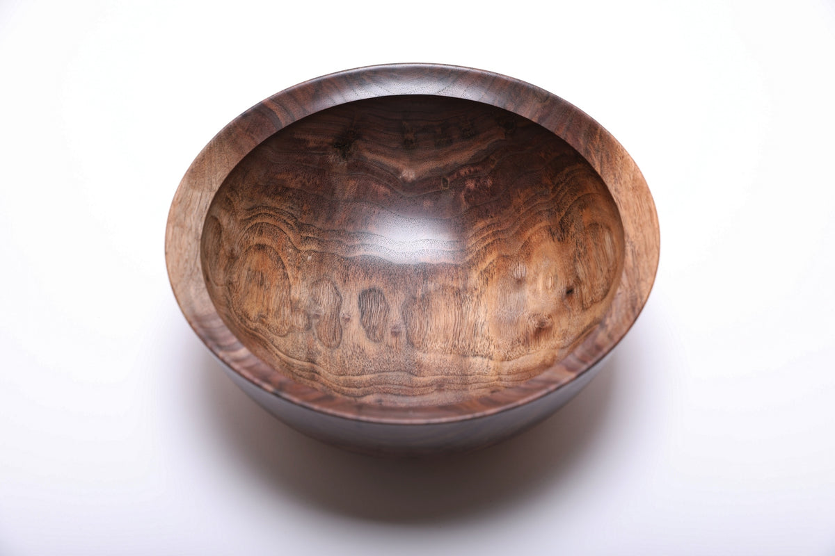 Top view of hand-turned spalted wild black walnut bowl showing rich dark walnut grain and spalted sapwood highlights