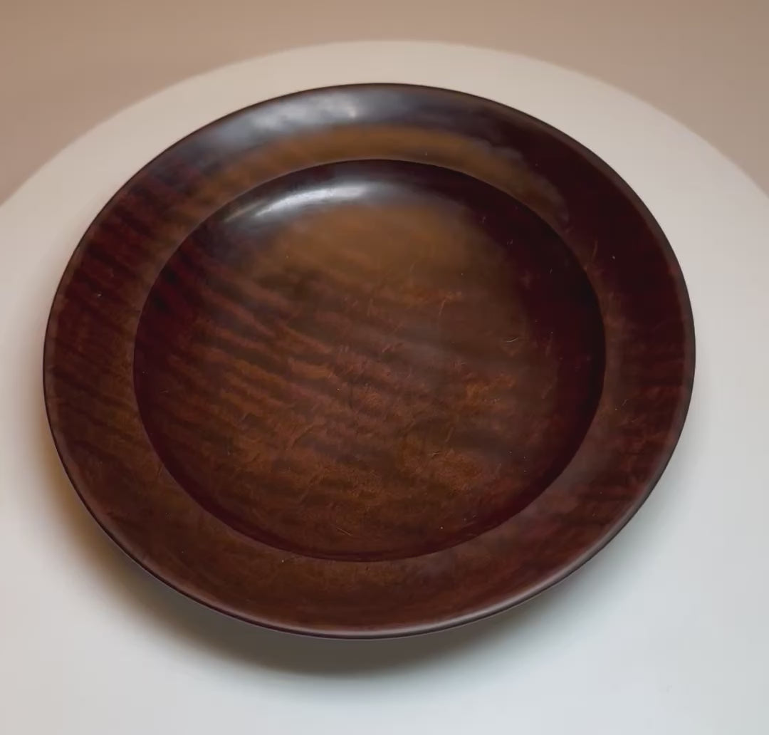  Thermally modified tiger maple wooden bowl rotating 360 degrees on display stand showing stunning tiger figure and rich dark color from thermal modification, Sanders Woodworking