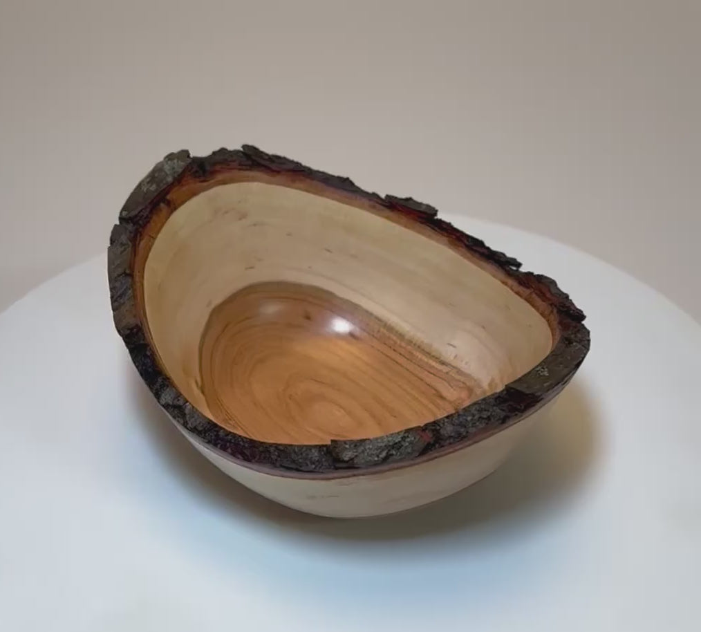 Video of handmade natural edge wild black cherry wooden bowl rotating to show bark edge, sapwood, and copper heartwood — Sanders Woodworking