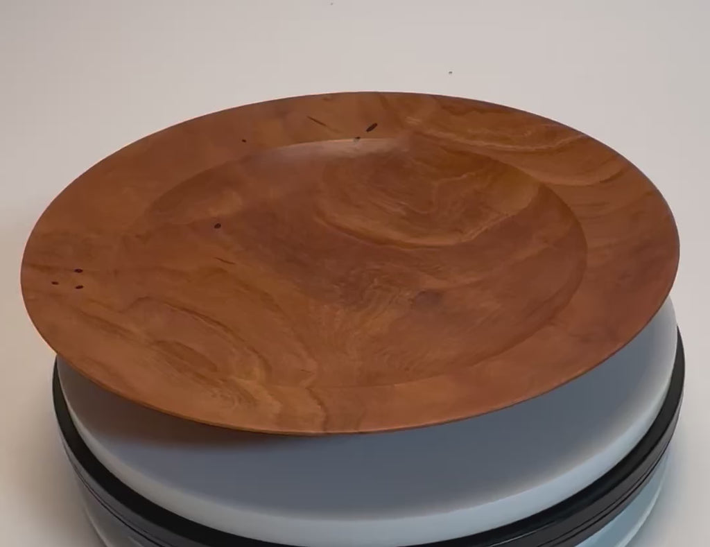 Wild black cherry shallow bowl #2789, 200-year-old slab with deep pink and orange coloration and worm hole detail, Sanders Woodworking