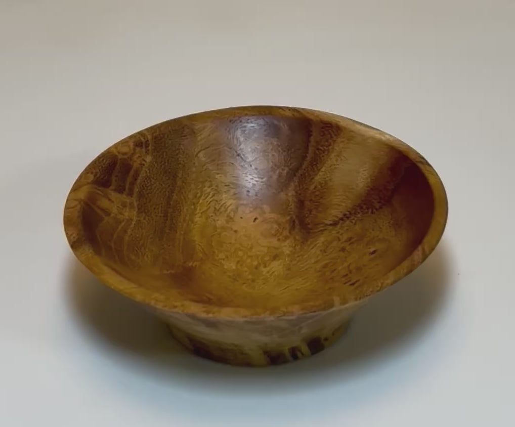 Hand-turned mulberry burl wooden bowl — 360° rotation showing burl figure and finish