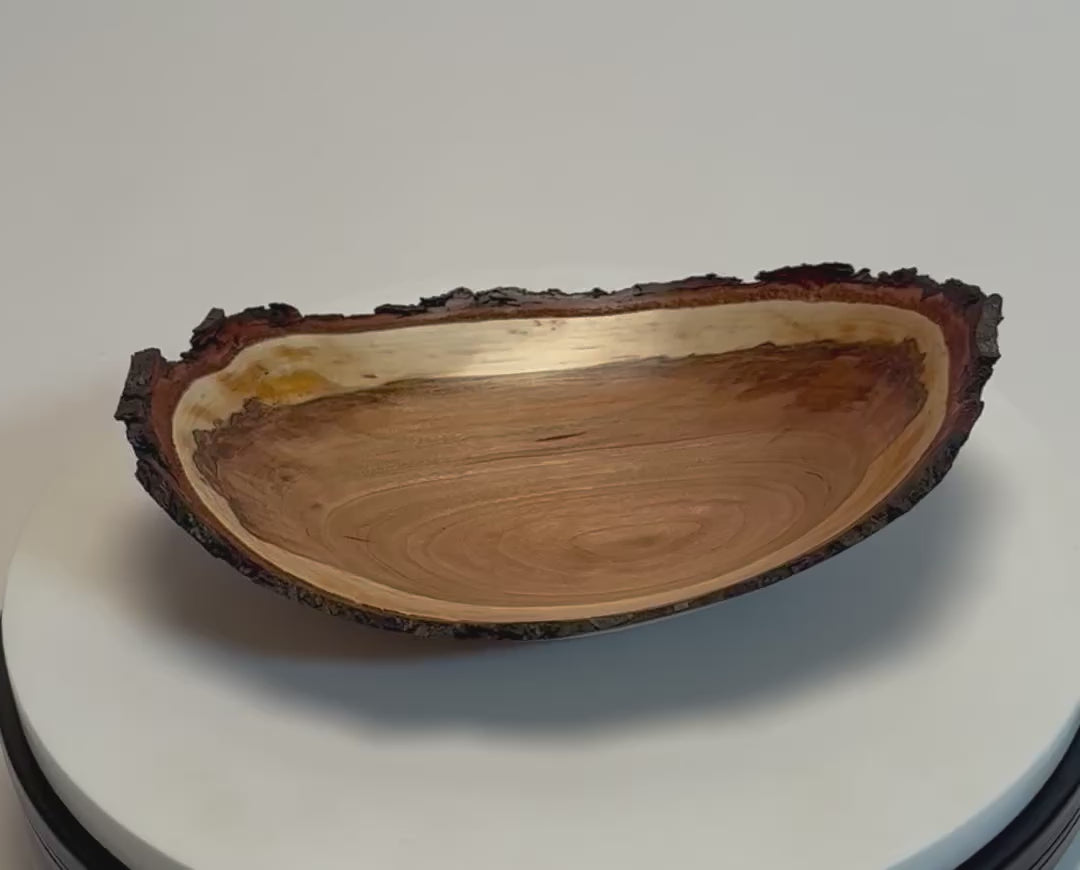 Sanders Woodworking #2787 natural edge wild black cherry wooden bowl — 360° view of hand-turned 7½" bowl with natural bark rim

