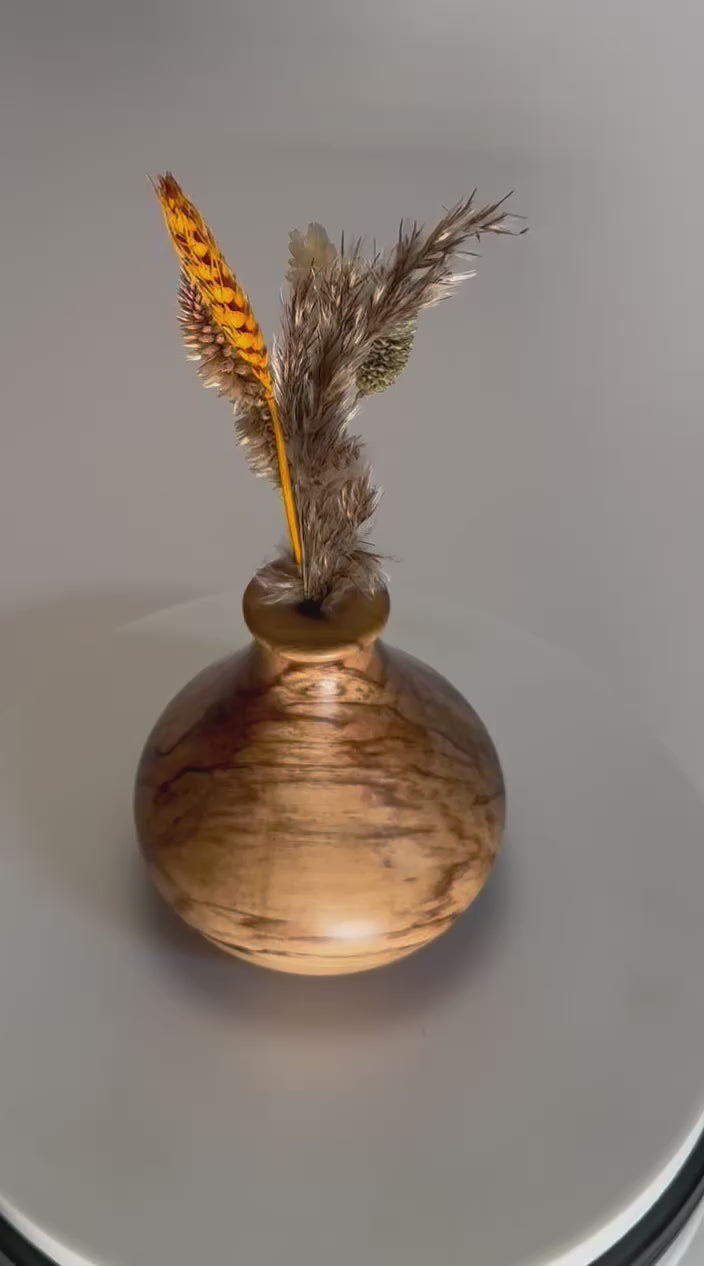Spalted hackberry wood weed pot rotating 360 degrees on display stand, showcasing ink-black spalting lines, gray and amber splotches, and hand-turned form