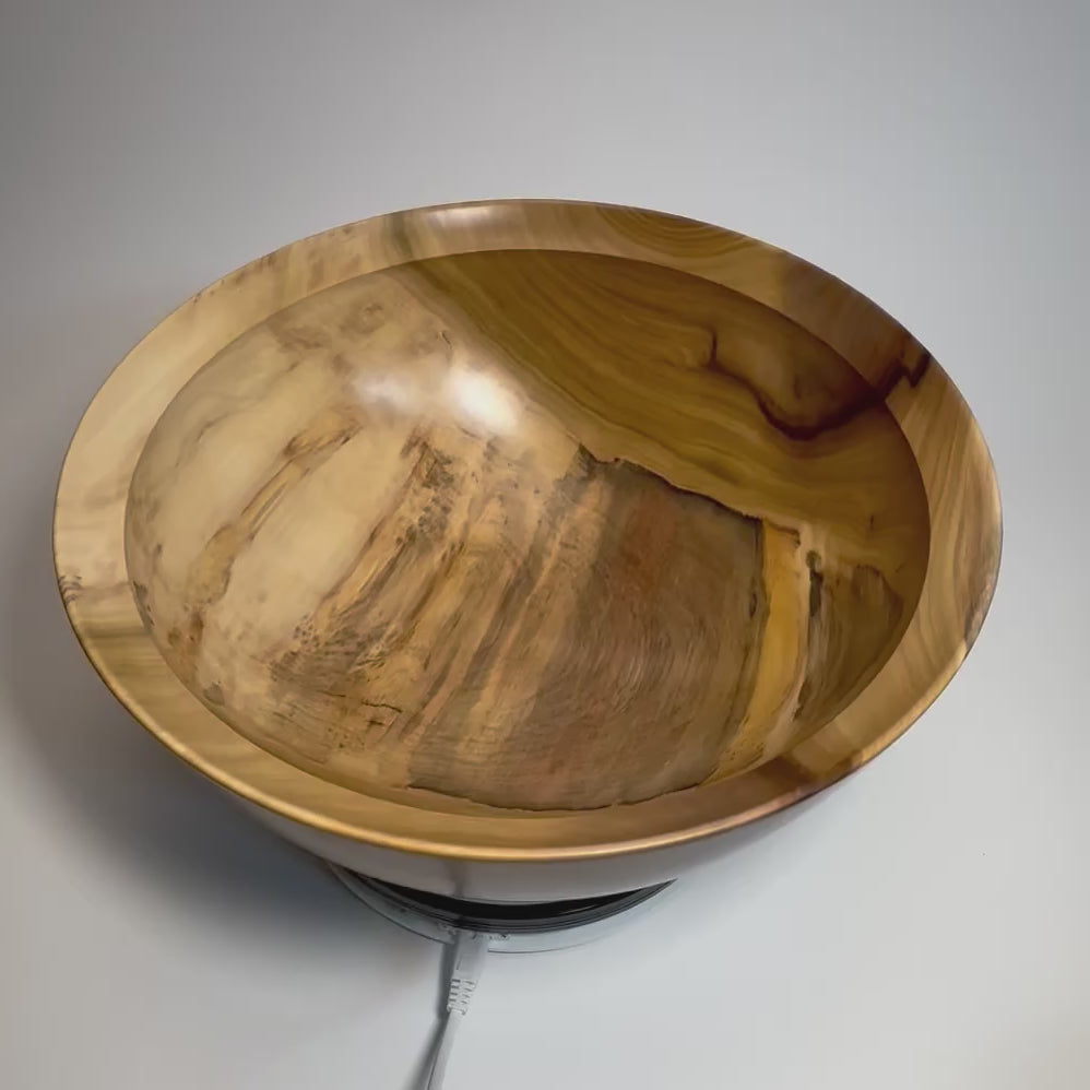 Overhead view as the rainbow tulip poplar bowl rotates, revealing its colorful interior grain