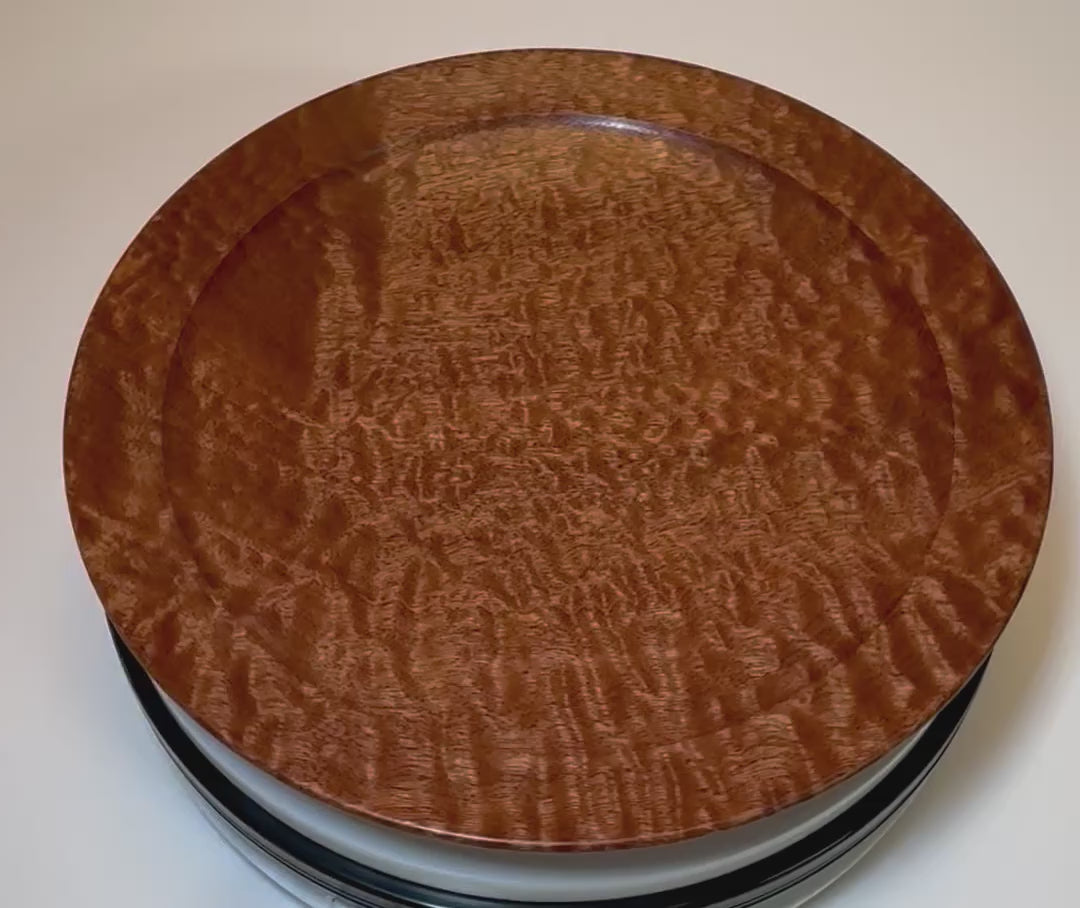 360-degree view of pommele sapele shallow bowl showing chatoyant figure shifting in light
