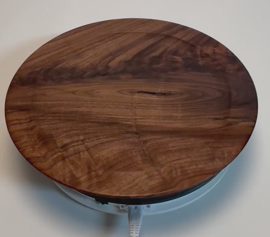 Wild black walnut crotch burl wooden platter rotating 360°, showcasing natural grain and handcrafted finish — Sanders Woodworking