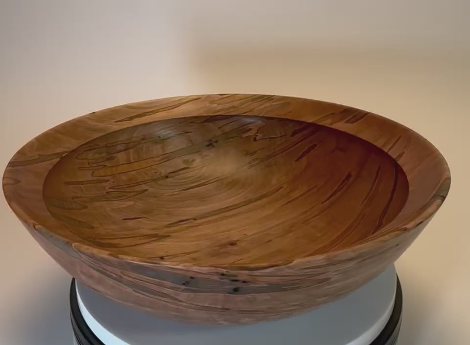 Handcrafted 12 inch ambrosia maple fruit and salad bowl with beetle-track figuring and natural ambrosia streaks, food-safe oil finish, handmade in North Carolina, Sanders Woodworking