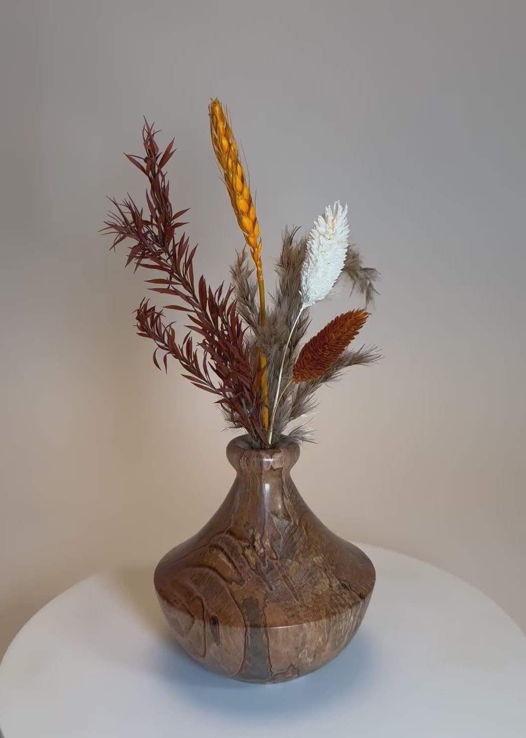 360-degree view of spalted ambrosia maple weed pot showing Far East-inspired form, dramatic spalting figure, and natural oil finish