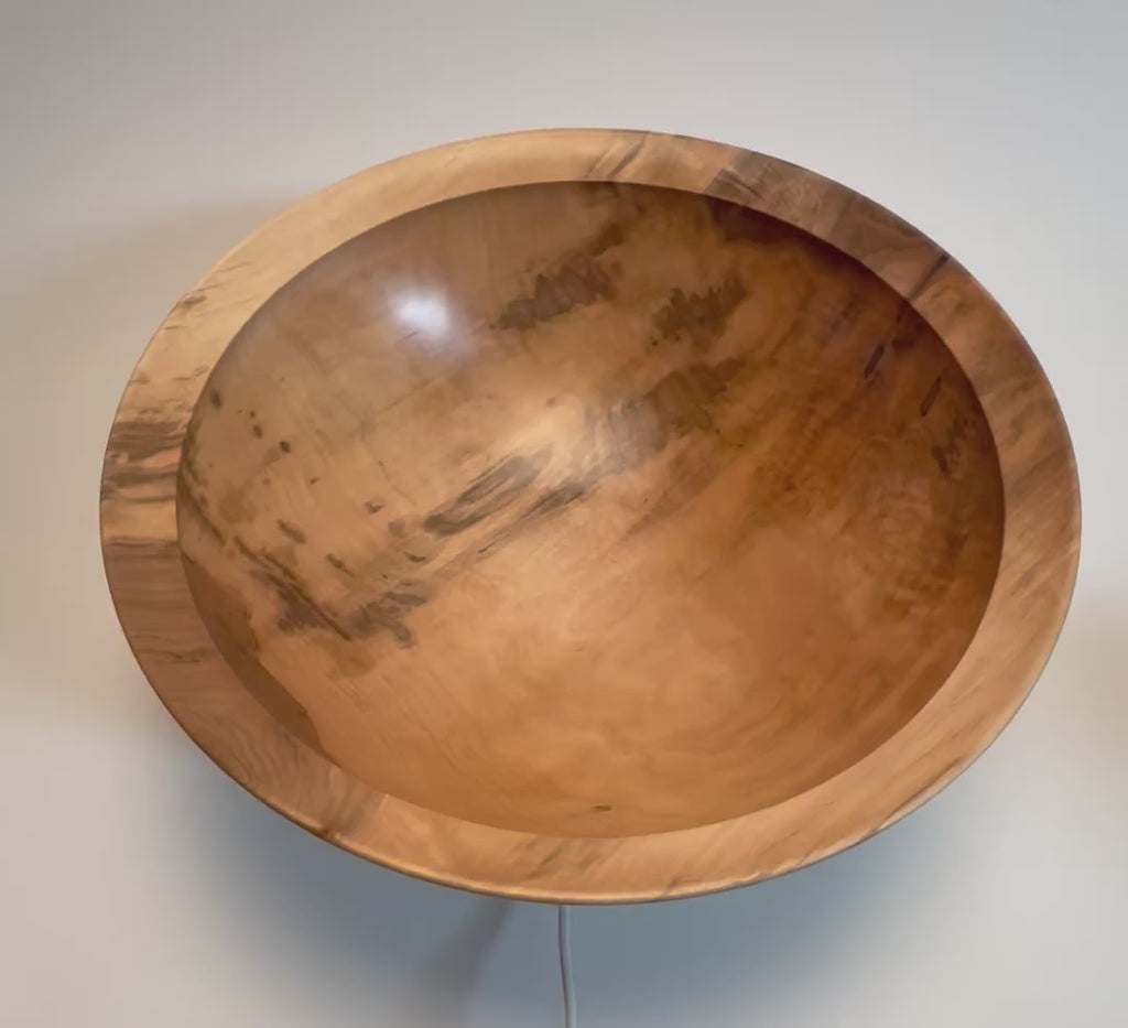 Handcrafted large sugar maple salad and fruit bowl rotating on display stand – 360° view of dark heartwood, gray-green splotches, and natural oil finish	

